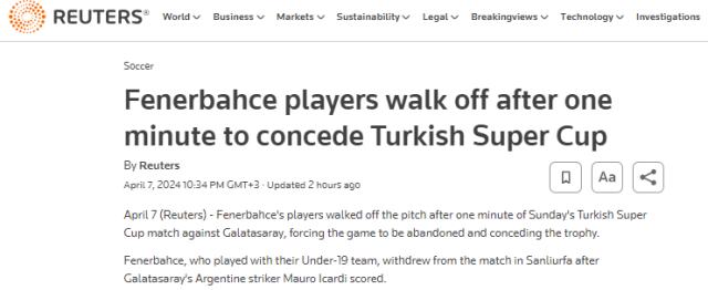 Fenerbahçe'nin Süper Kupa maçında sahadan çekilmesi dünya basınında